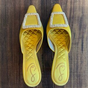 Sam Edelman Yellow Quilted Satin Slip-On Mules with Crystal Buckle